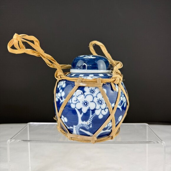 unbranded Other - Vintage Blue & White Prunus Flower Ginger Jar With Bamboo Strapping Cork & Lid